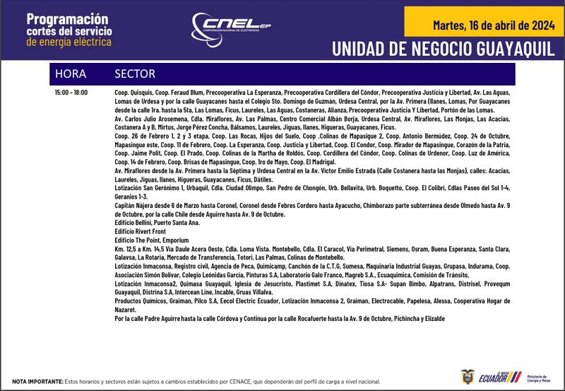 Horarios y sectores para cortes de luz en Quito