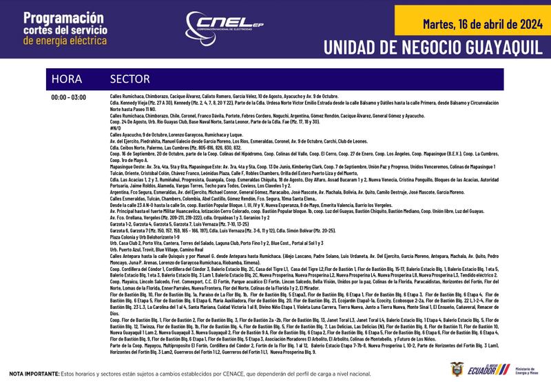 Horarios y sectores para cortes de luz en Quito