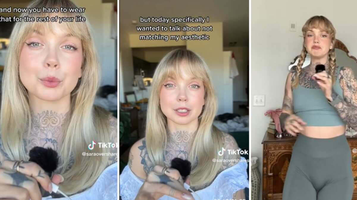 La mujer no tiene un tatuaje, sino muchos que cubren sus brazos, manos, cuello y pecho