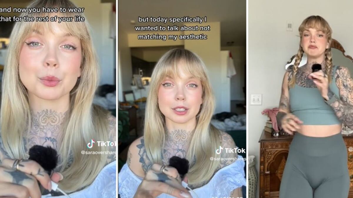 La mujer no tiene un tatuaje, sino muchos que cubren sus brazos, manos, cuello y pecho