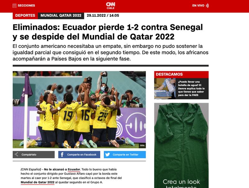 Ecuador quedó eliminada en fase de grupos del Mundial de Qatar 2022, tras perder con Senegal