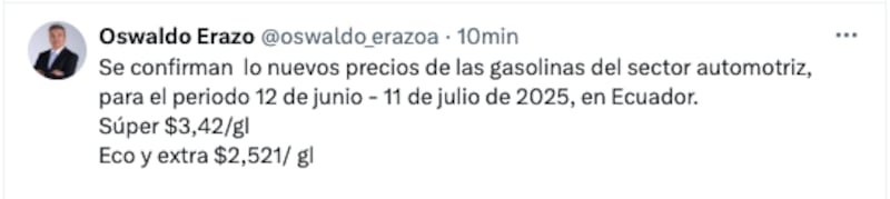 Tuit de Oswaldo Erazo sobre el nuevo precio de las gasolinas.