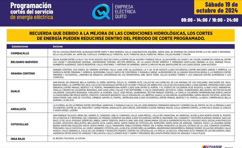 Quito: estos son los horarios de cortes de luz para este sábado 19 y domingo 20 de octubre. Imagen: EEQ