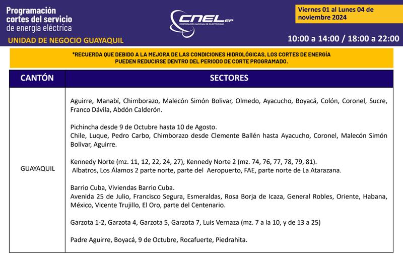 Guayaquil: Así quedan los nuevos horarios de cortes de luz para el feriado de noviembre