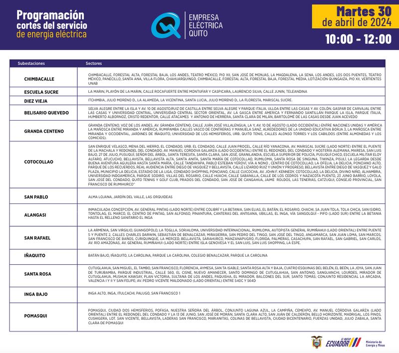 Quito: así quedan los horarios de cortes de luz para este martes 30 de abril.