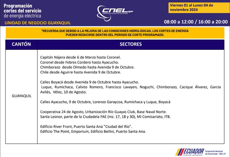 Guayaquil: Así quedan los nuevos horarios de cortes de luz para el feriado de noviembre