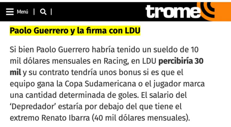 Noticia de Trome sobre Paolo Guerrero