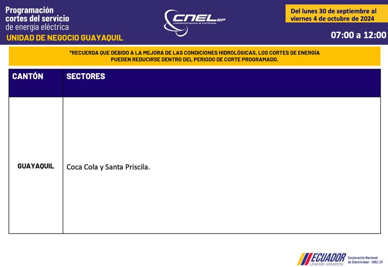Cortes de luz en Guayaquil hasta el 4 de octubre