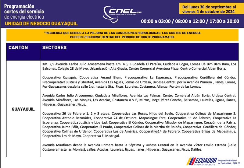 Cortes de luz en Guayaquil hasta el 4 de octubre