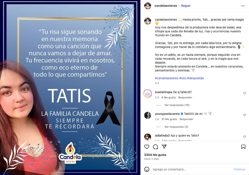 Mensaje de Candela Estereo para Tatiana Cuadros