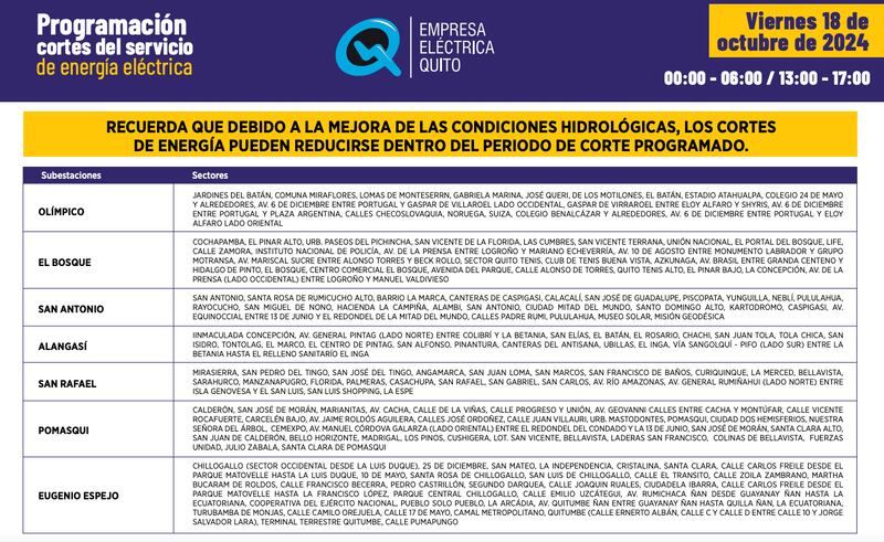 Quito: recuerde los horarios de cortes de luz de este viernes 18 de octubre. Imagen: EEQ