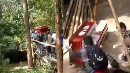 Momento en que un puente se parte y personas caen al río mientras trasladaban un ataúd en Perú.