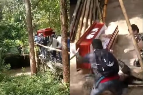 Video: Se partió un puente mientras trasladaban un ataúd y cayeron al río