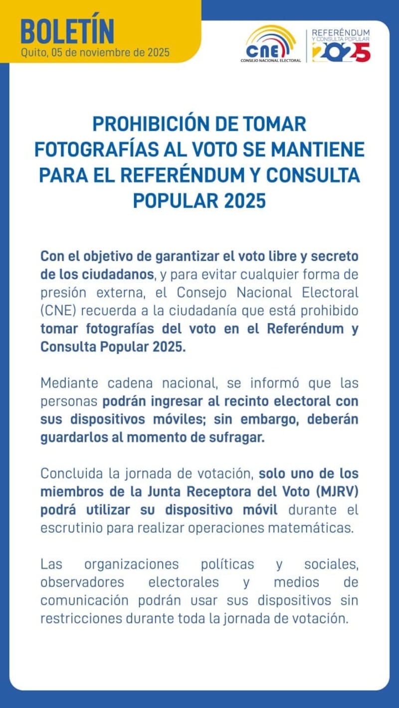 CNE recuerda que está prohibido tomar fotografías al voto en el Referéndum y Consulta Popular 2025