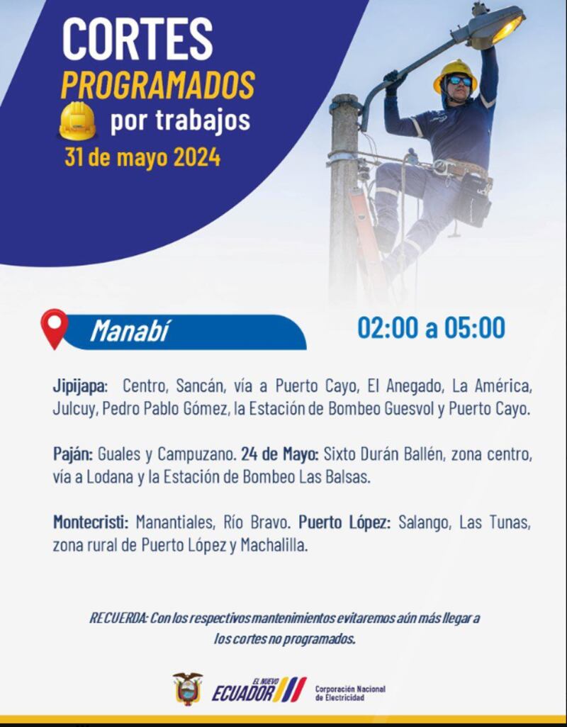 Cortes programados el 31 de mayo