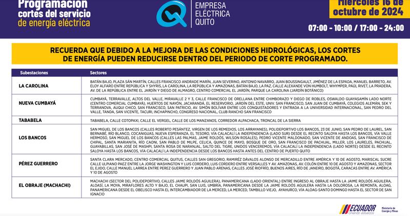 Quito: recuerde los horarios de cortes de luz de este miércoles 16 de septiembre. Imagen: EEQ