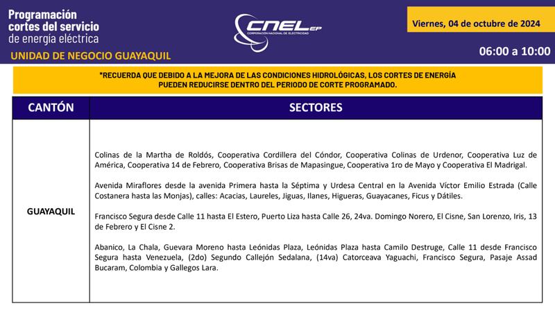 Cortes de luz en Guayaquil el 4 de octubre