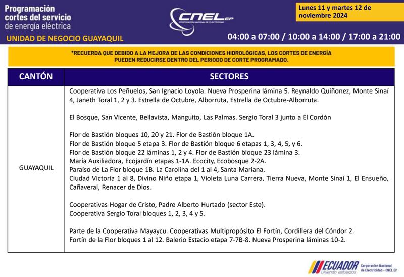 Cortes de luz en Guayaquil el 11 y 12 de noviembre