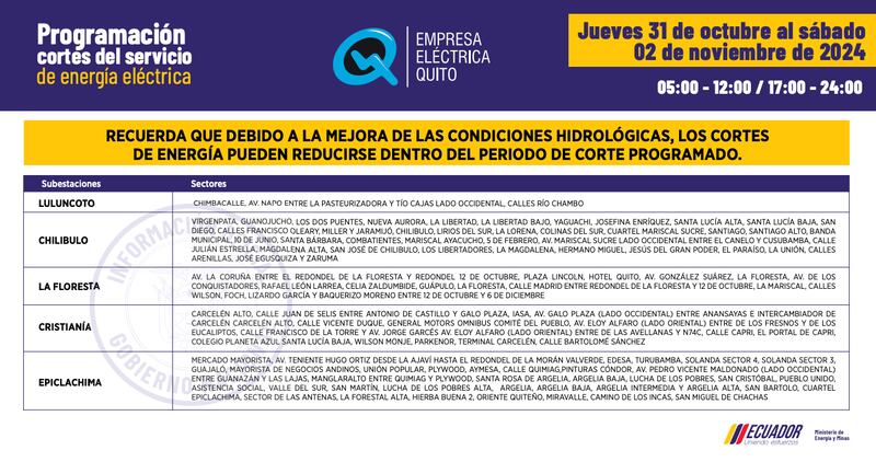 Quito: horarios de cortes de luz del 28 de octubre al 3 de noviembre. Imagen: EEQ