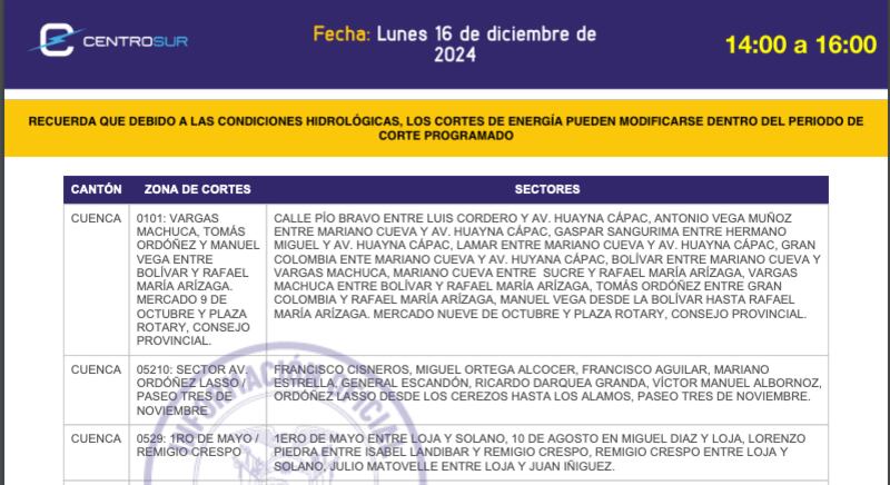Cuenca: cronograma de apagones de este lunes 16 de diciembre. Imagen: CENTROSUR