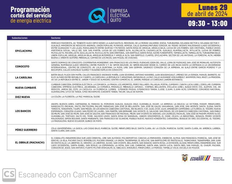 Sectores sin luz en Quito 29 de abril