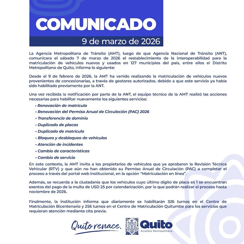 AMT habilita nuevamente varios trámites de matriculación vehicular en Quito