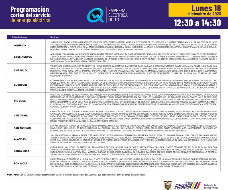 Cronograma de cortes de luz para este lunes 18 de diciembre en Quito.