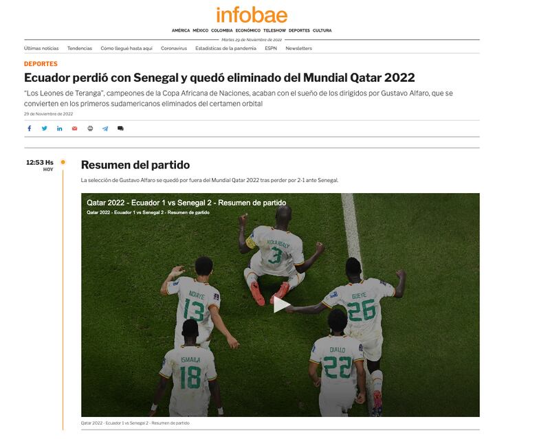 Ecuador fuera del Mundial y Senegal consigue el pase a octavos de final de Qatar 2022