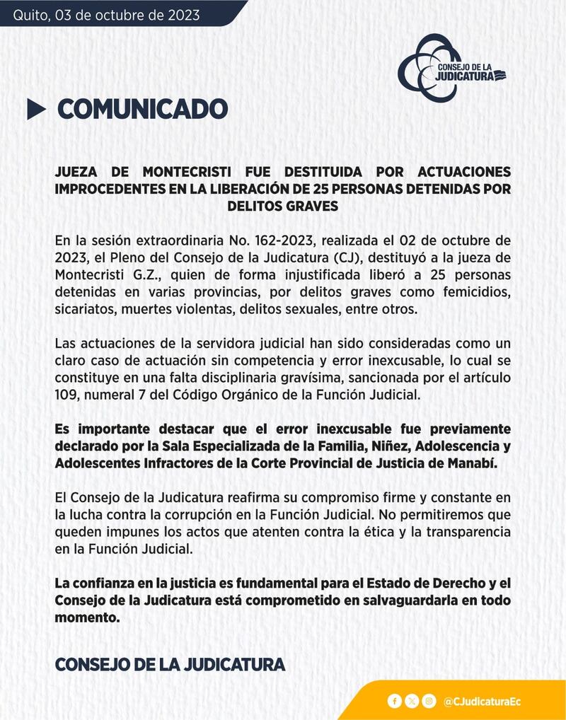 Jueza de Montecristi es destituida por el Consejo de la Judicatura