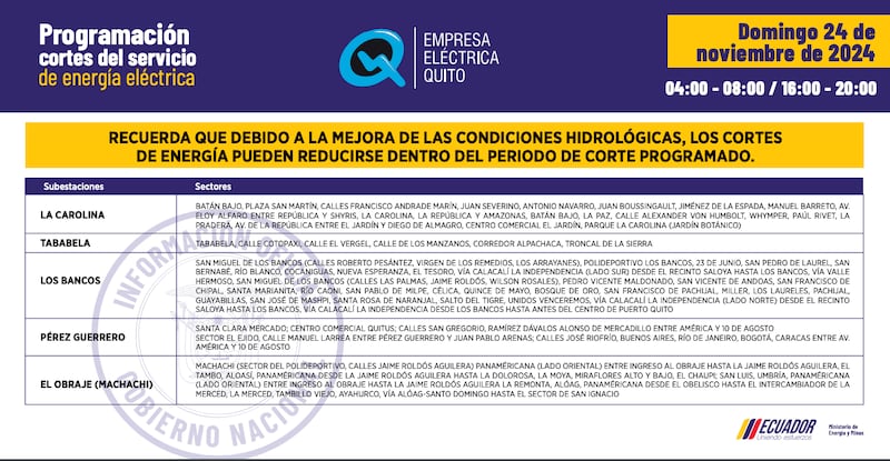 Cortes de luz en Quito del domingo 24 de noviembre