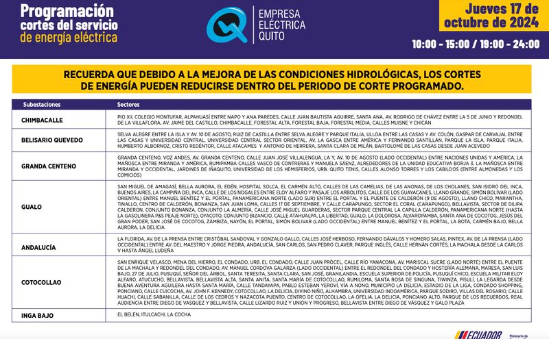 Quito: recuerde los horarios de cortes de luz para este jueves 17 de octubre. Imagen: EEQ