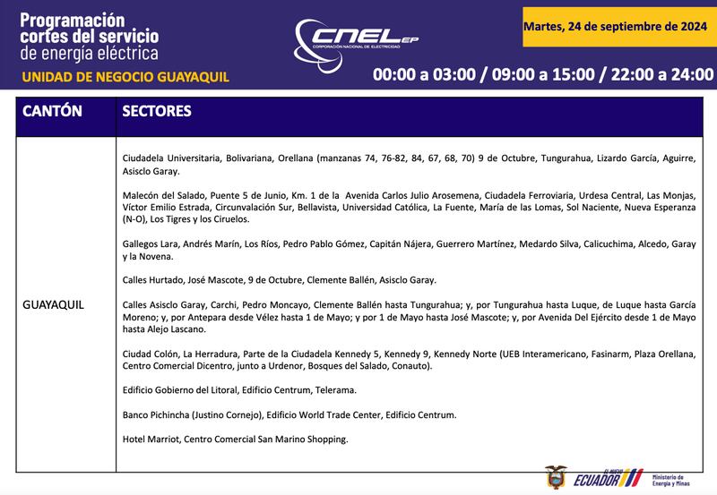 Horario de cortes de luz para este martes 24 de septiembre en Guayaquil.