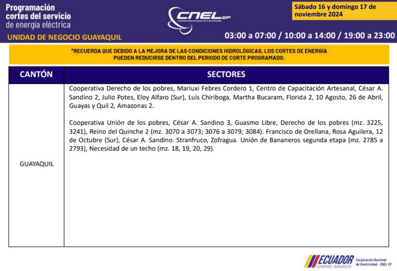 Guayaquil: horarios de cortes de luz de este domingo 17 de noviembre. Imagen: CNEL