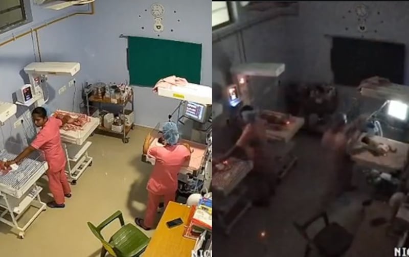Dos enfermeras protegen a recién nacidos en un hospital de Nagaon, Assam, durante el sismo de magnitud 5,5 que sacudió el noreste de India.