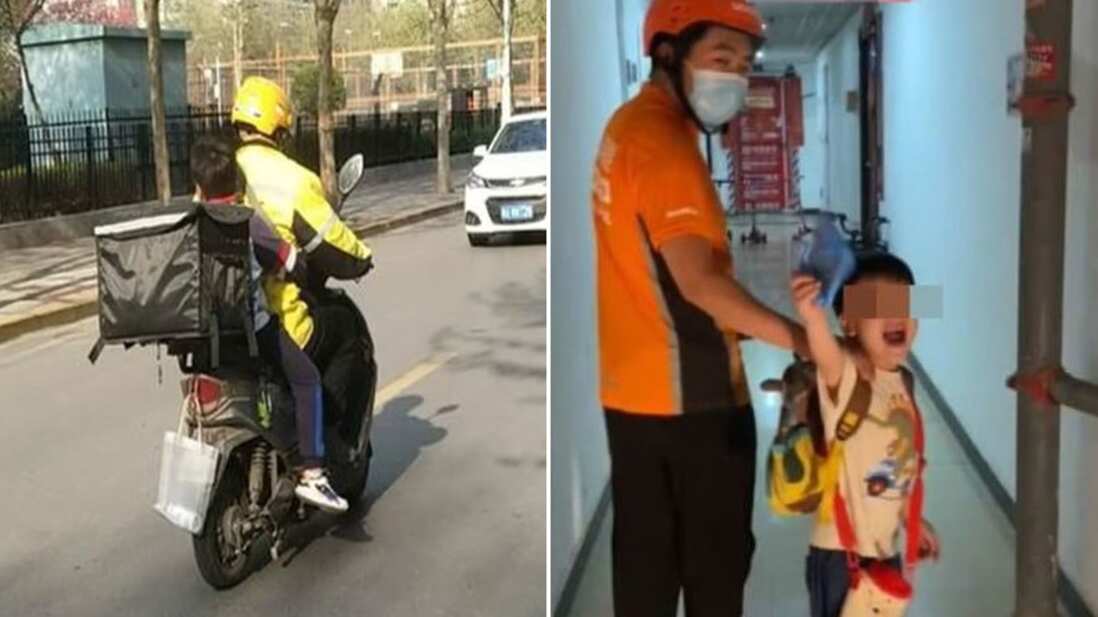 Madre contrata a repartidor para que lleve a su hijo a la escuela los días de invierno