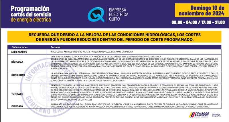 Horarios de cortes de luz para este domingo 10 de noviembre en Quito.