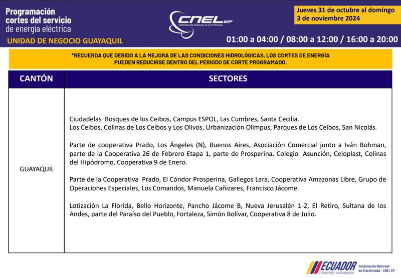 Cortes de luz en Guayaquil del 31 de octubre al 3 de noviembre