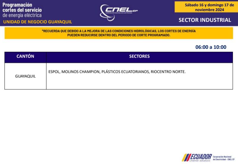 Guayaquil: horarios de cortes de luz de este domingo 17 de noviembre. Imagen: CNEL