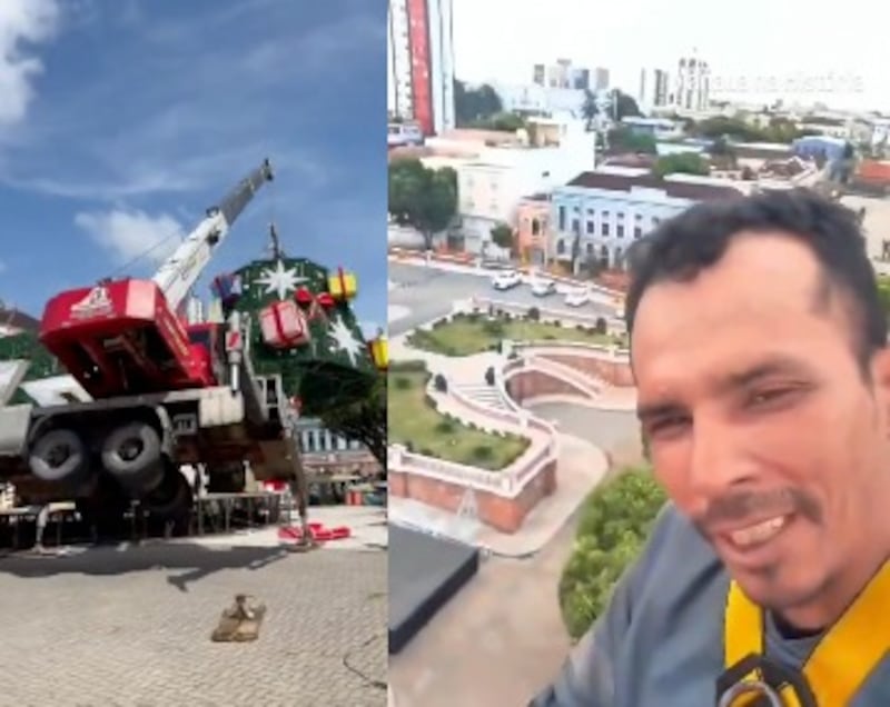 Momento del desplome de la grúa durante el montaje del árbol navideño en São Sebastião, Brasil.