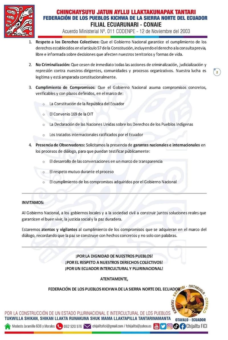 Pueblos Kichwa de la Sierra Norte proponen “tregua temporal” y apertura al diálogo con el Gobierno