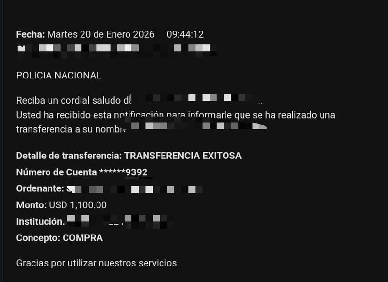 Sujetos usaron comprobantes falsos para estafar con más USD 2.000 a local de motocicletas en Cumbayá, Quito. Foto: Policía Nacional