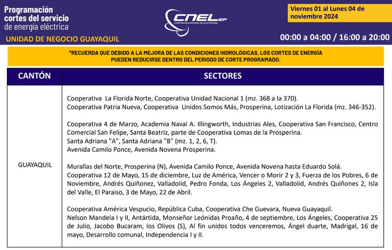 Guayaquil: Así quedan los nuevos horarios de cortes de luz para el feriado de noviembre