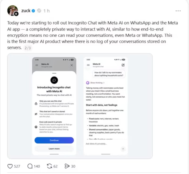 Chats incógnitos de Meta AI