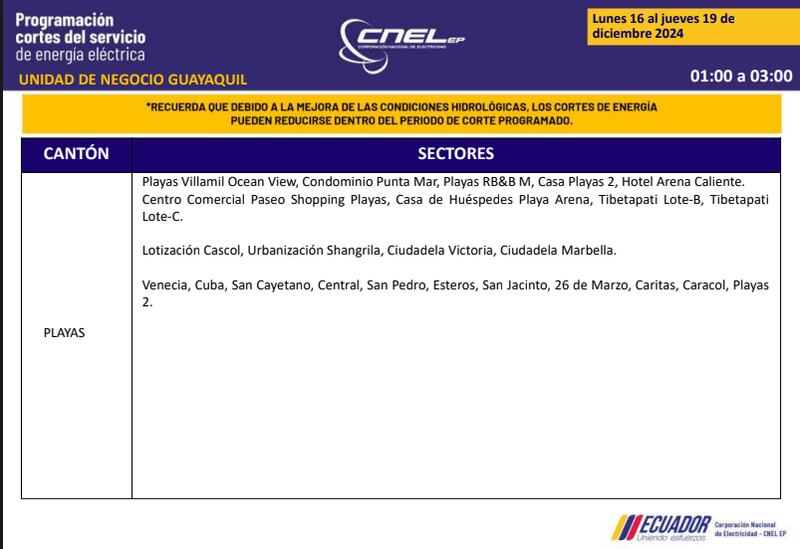 Guayaquil: nuevos horarios de apagones de dos horas del 16 al 19 de diciembre. Imagen: CNEL