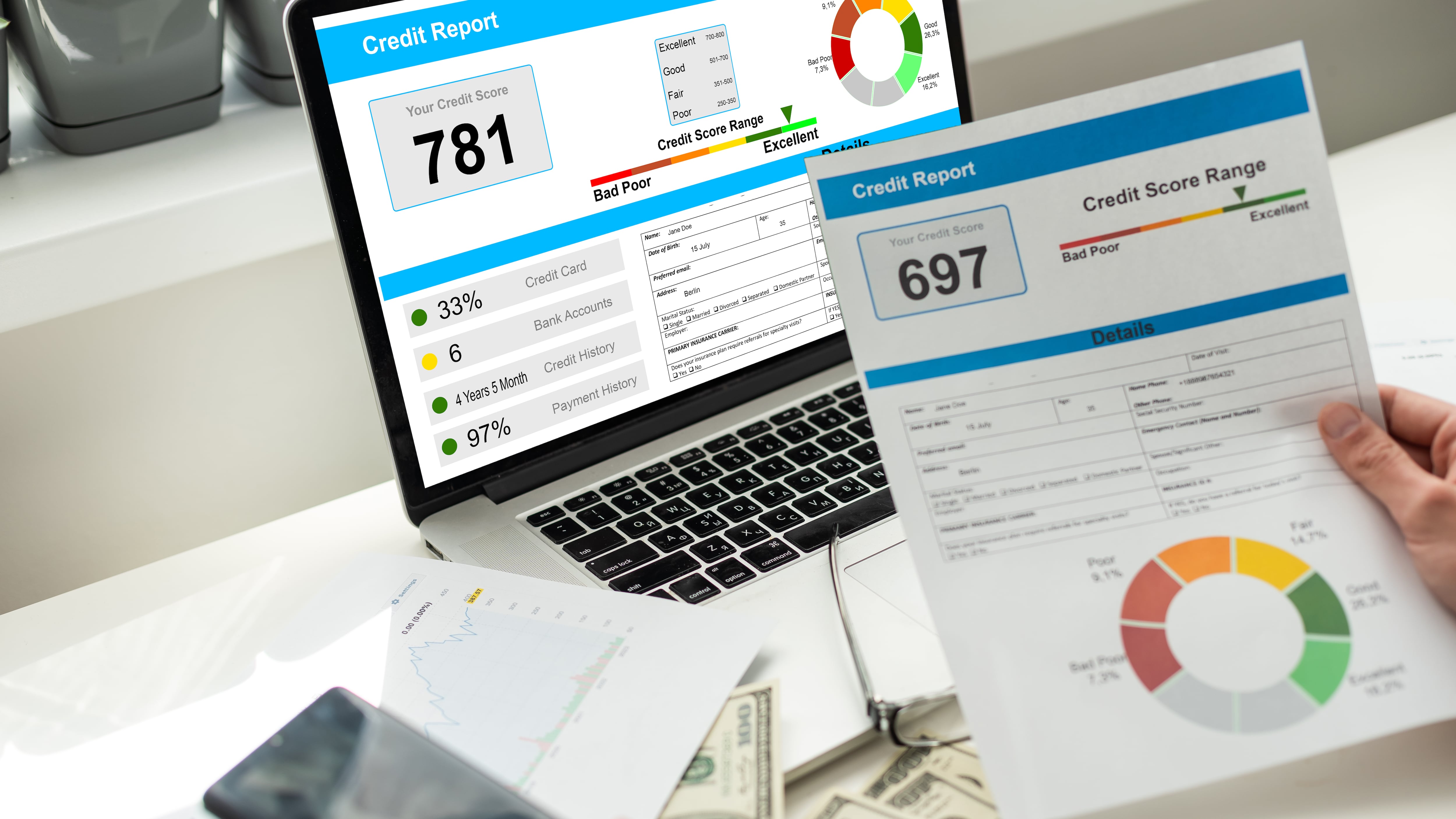 Informe de crédito con puntuación en un escritorio