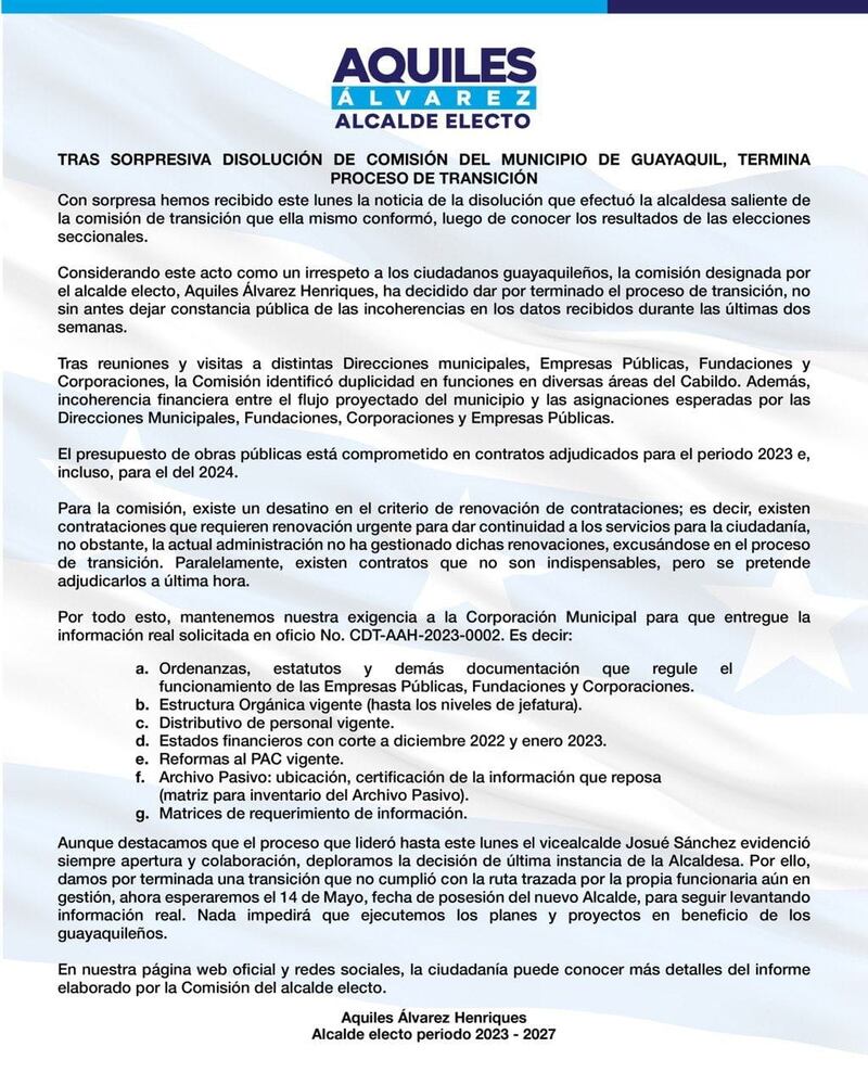 Comunicado del Alcalde electo de Guayaquil.