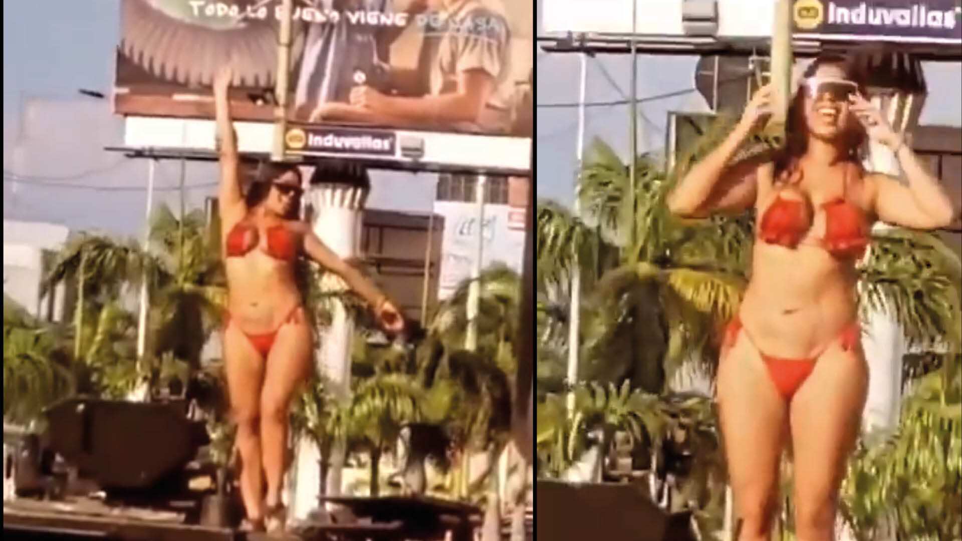 Mujer sobre una tanqueta militar en Manta