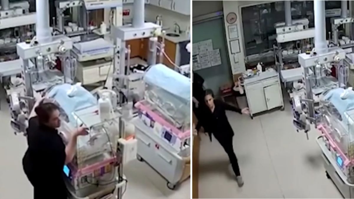 Dos enfermeras entran corriendo y se aferren a las incubadoras para estabilizarlas