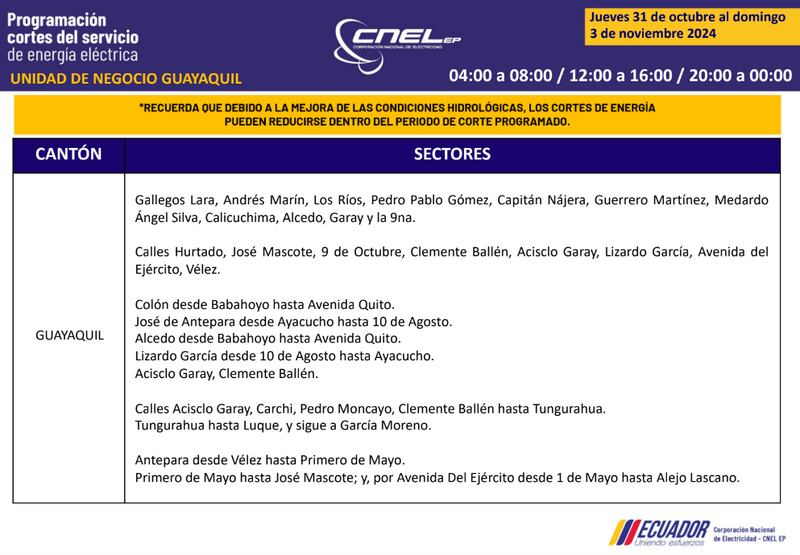 Cortes de luz en Guayaquil del 31 de octubre al 3 de noviembre