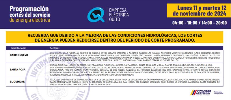 Cortes de luz en Quito 11 y 12 de noviembre
